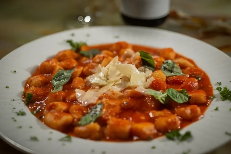 Potato gnocchi in tomato basil sauce with shaved Parmigiano and basil leaves